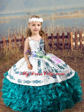 Teal Ball Gowns Organza Straps Sleeveless Embroidery and Ruffles Floor Length Lace Up Little Girls Pageant Dress