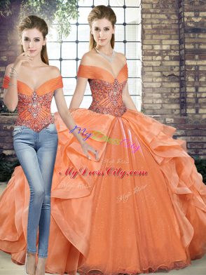 Charming Orange Off The Shoulder Lace Up Beading and Ruffles Quinceanera Dress Sleeveless