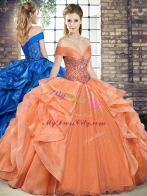 Charming Orange Off The Shoulder Lace Up Beading and Ruffles Quinceanera Dress Sleeveless