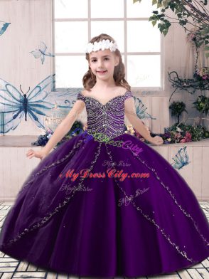 Eggplant Purple Ball Gowns Straps Sleeveless Tulle Floor Length Lace Up Beading Little Girl Pageant Gowns