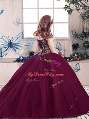 Eggplant Purple Ball Gowns Straps Sleeveless Tulle Floor Length Lace Up Beading Little Girl Pageant Gowns