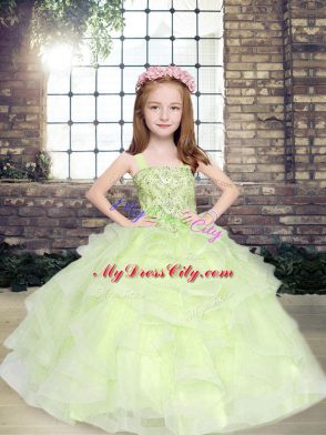 Yellow Green Sleeveless Floor Length Beading Lace Up Little Girl Pageant Dress