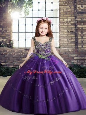 Elegant Tulle Sleeveless Floor Length Pageant Gowns For Girls and Beading