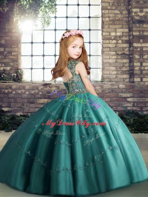 Elegant Tulle Sleeveless Floor Length Pageant Gowns For Girls and Beading