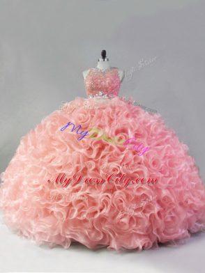 Luxurious Fabric With Rolling Flowers Scoop Sleeveless Zipper Beading and Ruffles 15th Birthday Dress in Pink