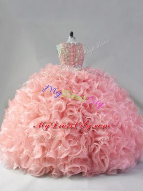 Luxurious Fabric With Rolling Flowers Scoop Sleeveless Zipper Beading and Ruffles 15th Birthday Dress in Pink