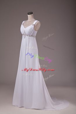 White Empire Beading Wedding Gowns Lace Up Chiffon Sleeveless