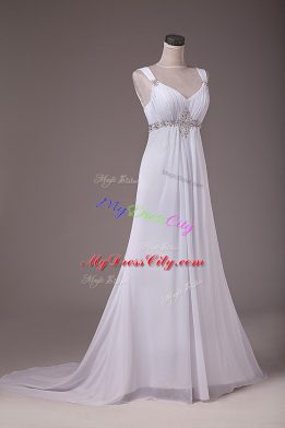 White Empire Beading Wedding Gowns Lace Up Chiffon Sleeveless