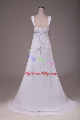 White Empire Beading Wedding Gowns Lace Up Chiffon Sleeveless