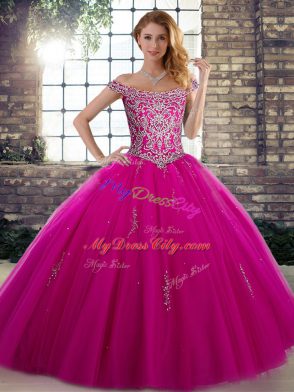 Fuchsia Off The Shoulder Lace Up Beading Sweet 16 Dresses Sleeveless