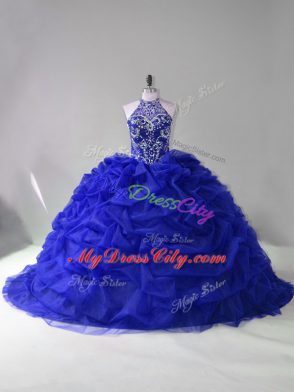 Shining Long Sleeves Beading and Pick Ups Lace Up Vestidos de Quinceanera with Royal Blue Court Train