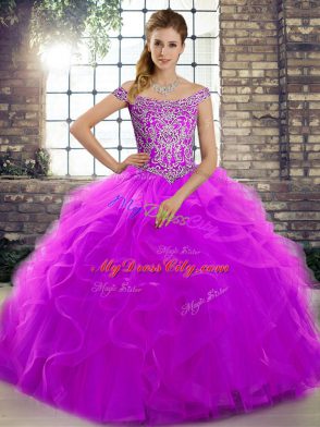 Beading and Ruffles Quinceanera Dresses Purple Lace Up Sleeveless Brush Train