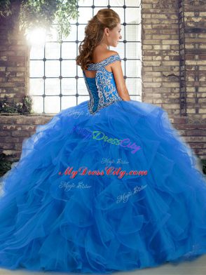 Beading and Ruffles Quinceanera Dresses Purple Lace Up Sleeveless Brush Train