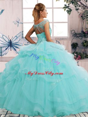 Designer Lavender Tulle Lace Up Quinceanera Gowns Sleeveless Floor Length Beading and Ruffles