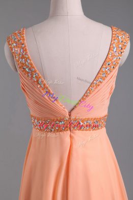 Pretty Chiffon Straps Sleeveless Backless Beading Club Wear in Orange