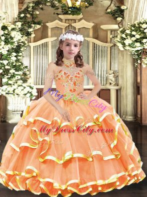 Elegant Orange Organza Lace Up Halter Top Sleeveless Floor Length Child Pageant Dress Appliques and Ruffled Layers