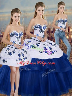 Superior Royal Blue Sleeveless Floor Length Embroidery and Bowknot Lace Up 15th Birthday Dress