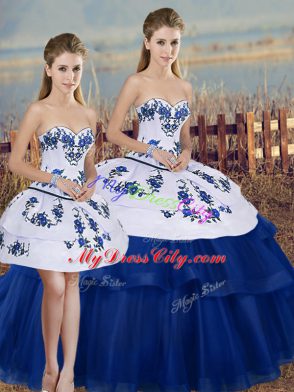 Superior Royal Blue Sleeveless Floor Length Embroidery and Bowknot Lace Up 15th Birthday Dress