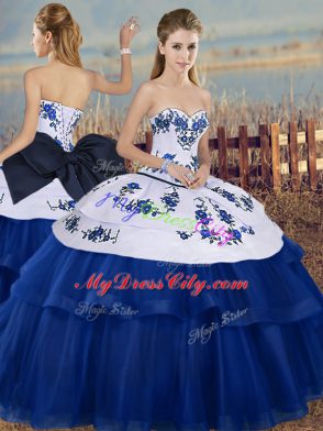 Superior Royal Blue Sleeveless Floor Length Embroidery and Bowknot Lace Up 15th Birthday Dress