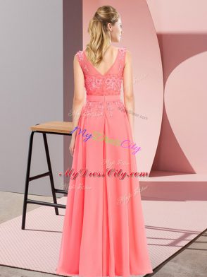 Rust Red Empire Chiffon Scoop Sleeveless Beading and Appliques Floor Length Zipper Dama Dress for Quinceanera