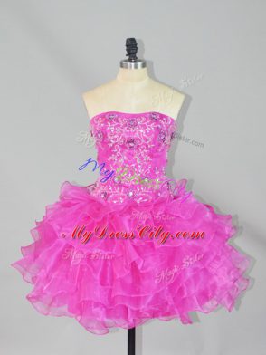 Sleeveless Organza Mini Length Lace Up Prom Gown in Fuchsia with Beading and Ruffles