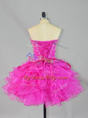 Sleeveless Organza Mini Length Lace Up Prom Gown in Fuchsia with Beading and Ruffles