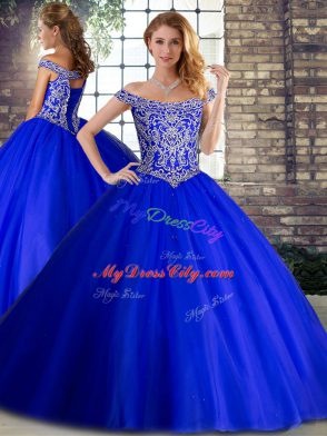 Inexpensive Royal Blue Quince Ball Gowns Military Ball and Sweet 16 and Quinceanera with Beading Off The Shoulder Sleeveless Brush Train Lace Up