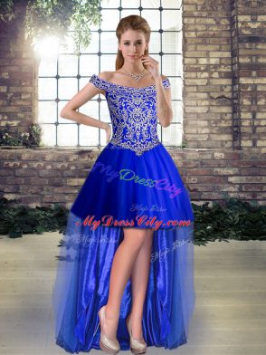 Inexpensive Royal Blue Quince Ball Gowns Military Ball and Sweet 16 and Quinceanera with Beading Off The Shoulder Sleeveless Brush Train Lace Up