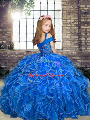 Beauteous Blue Sleeveless Organza Lace Up Pageant Dress for Womens for Party and Military Ball and Wedding Party