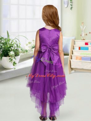 Purple Organza Zipper Scoop Sleeveless High Low Flower Girl Dresses Sequins and Bowknot