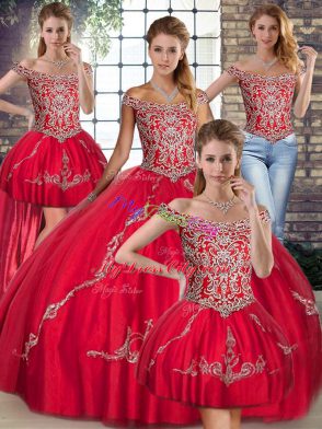 Glorious Red Quinceanera Dresses Military Ball and Sweet 16 and Quinceanera with Beading and Embroidery Off The Shoulder Sleeveless Lace Up