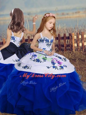 Royal Blue Lace Up Winning Pageant Gowns Sleeveless Floor Length Embroidery and Ruffles