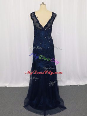 Navy Blue Column/Sheath Scoop Sleeveless Tulle Floor Length Zipper Lace and Appliques Prom Party Dress