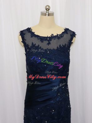 Navy Blue Column/Sheath Scoop Sleeveless Tulle Floor Length Zipper Lace and Appliques Prom Party Dress