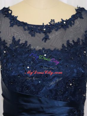 Navy Blue Column/Sheath Scoop Sleeveless Tulle Floor Length Zipper Lace and Appliques Prom Party Dress