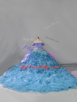 Noble Blue Lace Up Off The Shoulder Ruffles Vestidos de Quinceanera Organza Sleeveless Chapel Train