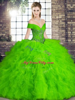 Off The Shoulder Sleeveless Sweet 16 Dress Floor Length Beading and Ruffles Green Tulle