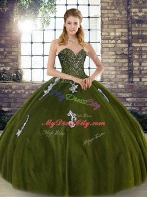 Nice Tulle Sweetheart Sleeveless Lace Up Beading and Appliques Ball Gown Prom Dress in Olive Green