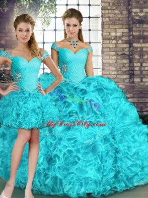 Top Selling Aqua Blue Three Pieces Organza Off The Shoulder Sleeveless Beading and Ruffles Floor Length Lace Up 15 Quinceanera Dress