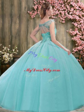 Unique Floor Length Lilac Sweet 16 Dresses Tulle Sleeveless Beading