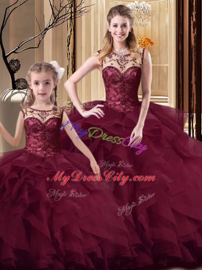 Clearance Ball Gowns Sleeveless Burgundy 15 Quinceanera Dress Brush Train Lace Up