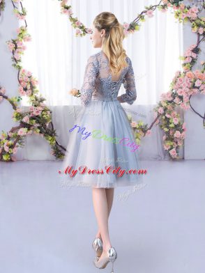 Suitable Empire Vestidos de Damas Grey High-neck Tulle Half Sleeves Knee Length Lace Up