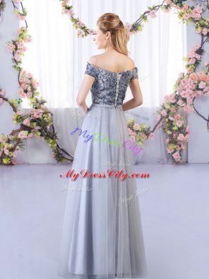 Empire Quinceanera Court Dresses Grey Off The Shoulder Tulle Sleeveless Floor Length Lace Up