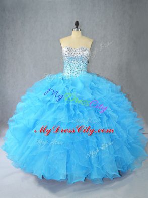 Sumptuous Aqua Blue Sweetheart Lace Up Beading and Ruffles Quince Ball Gowns Sleeveless