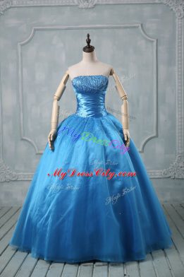 Luxury Baby Blue Lace Up Quince Ball Gowns Beading and Sequins Sleeveless Floor Length