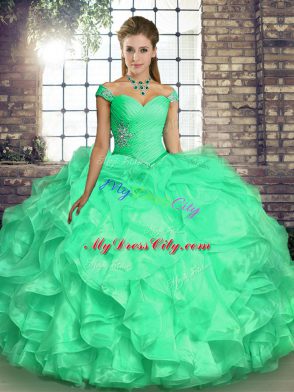 Modest Sleeveless Organza Floor Length Lace Up Quinceanera Dresses in Turquoise with Beading and Ruffles