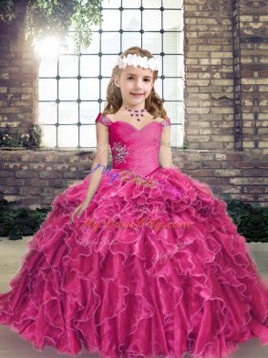 Organza Straps Sleeveless Lace Up Beading and Ruffles Pageant Dress Wholesale in Fuchsia