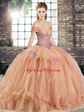 Enchanting Tulle Off The Shoulder Sleeveless Lace Up Beading and Ruffles Vestidos de Quinceanera in Peach