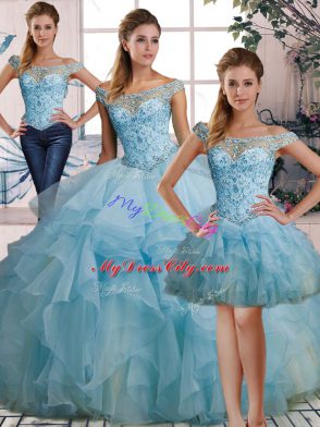 Latest Light Blue Three Pieces Organza Off The Shoulder Sleeveless Beading and Ruffles Floor Length Lace Up Sweet 16 Dress