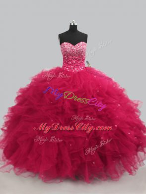 Traditional Hot Pink Lace Up Sweet 16 Dresses Beading and Ruffles Sleeveless Floor Length